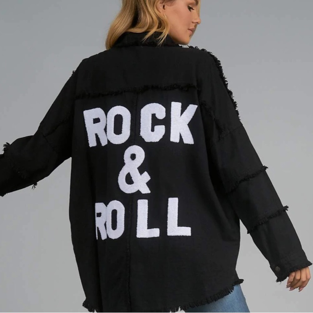 Black denim jacket with a rock& roll patch